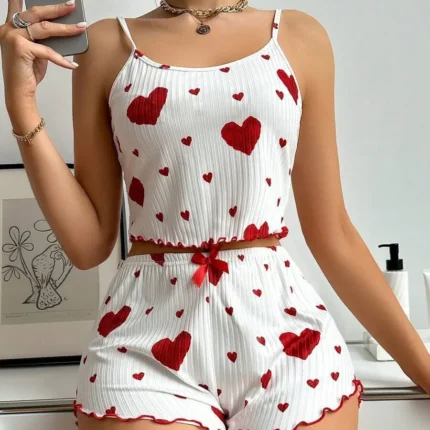 Women’s 2PCS Heart Print Pajama Set, Sleeveless Crop Top and Shorts, Soft Comfy Sleepwear Loungewear