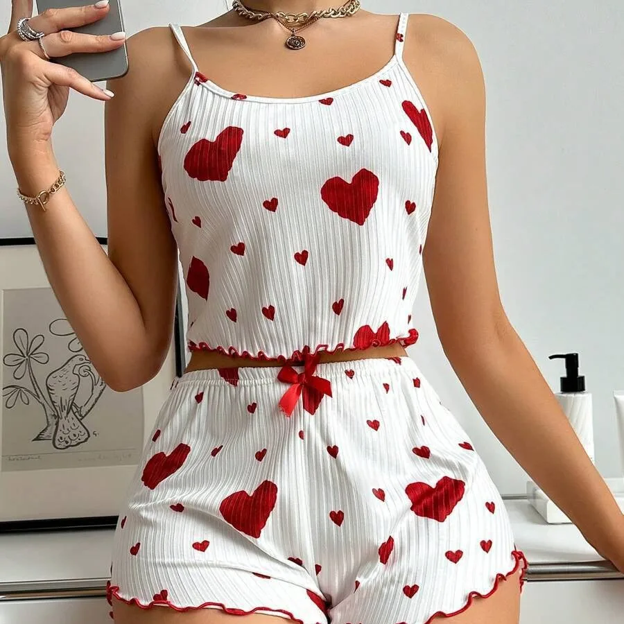 kf-A1e20baadf7d34d76a21d3bdb6c467a2b6 Women’s 2PCS Heart Print Pajama Set, Sleeveless Crop Top and Shorts, Soft Comfy Sleepwear Loungewear - Image 1