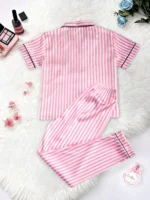 Classic Striped Print And Pocket Letter Short-Sleeve Long Pants Pajama Set, Satin Sleepwear with Lapel Collar and Button Detail - Image 2