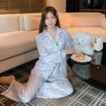 Floral Women's Ice Silk Lightweight Pajama Set Long Sleeve Top with Pants - Image 4