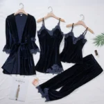 Casual Velour Home Clothing 4pcs Sleep Set Lingerie Women Pajamas Suit Long Sleeve Lace Velvet Homewear Pyjamas set - Image 3
