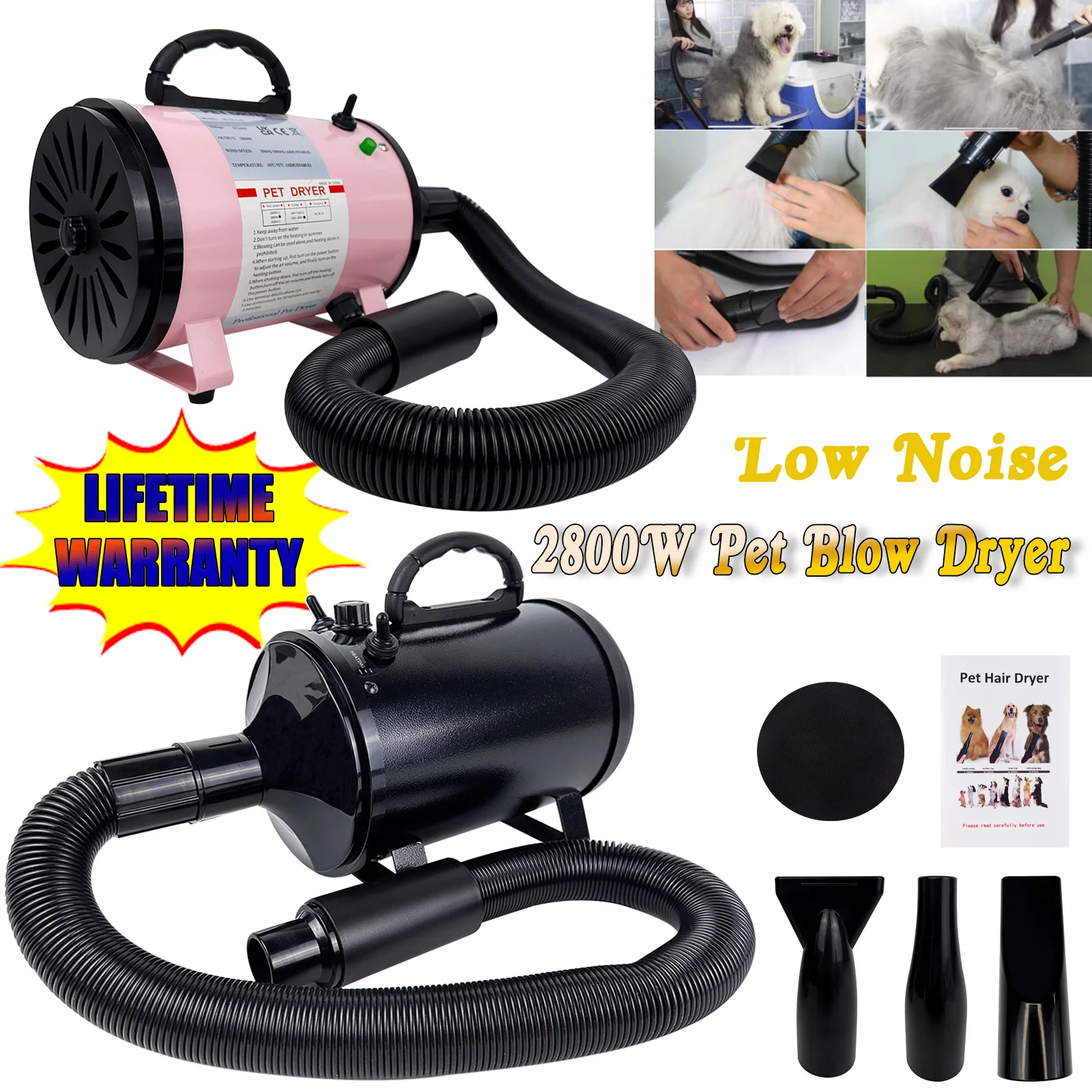 kf-S155a17d03eb74e7db24f622ec9d37d3dE VickyHome Pet Dog Cat Grooming Hairdryers Professional 2800W Variable Speed Powerful Efficient Hair Fur Blower Dryer,3 Nozzles - Image 1