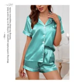 Luxurious Satin Pajama for Women Sleepwear Summer Short Sleeve Tops with Button-Up Lapel Collar & Shorts Pyjama Femme Lounge Set - Image 27