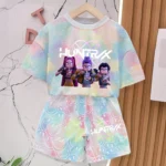 KPop Demon Hunters New T-shirt Pants Set Girls Summer Clothing Kawaii Smile Face Short Sleeve Outfits Kids Tee Top Pajamas Gift - Image 3