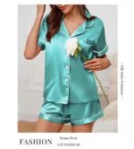 Luxurious Satin Pajama for Women Sleepwear Summer Short Sleeve Tops with Button-Up Lapel Collar & Shorts Pyjama Femme Lounge Set - Image 28