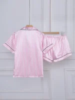 Striped Embroidered Letter Pocket Short Sleeve and Shorts Pajama Set, Casual Satin Sleepwear with Lapel Collar and Button Detail - Image 2