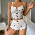 Sleepwear Women Pajamas Set Heart Print Soft Ribbed Fabric with Flirty Frill Trim Casual Cami Top and Shorts Sets Loungewear - Image 9