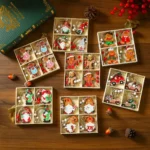 Christmas decorations, wooden boxes with wooden painted pendants, Christmas tree decoration pendants