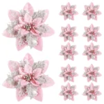 5/10Pcs Glitter Pink Christmas Flowers Xmas Tree 14cm Artifical Flower Ornaments