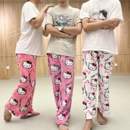 Sanrio Hello Kitty Pajamas Halloween Flannel Fashion Trouserswomen Kawaii Woolen Anime Cartoon Casual Home Pants Autumn