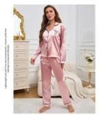 Women's Home Clothes Satin Pajama  Long Sleeve Pocket Heart-shaped Embroidery Tops & Pants Pyjama Femme Loungewear Pj Set - Image 13
