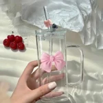 400mL Elegant Butterfly-Decorated Glass Tumbler with Straw & Handle - Reusable Freezer-Safe Water Cup for Coffee Juice Milk - Image 2