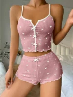 Sleepwear Women Pajamas Set Heart Print Soft Ribbed Fabric with Flirty Frill Trim Casual Cami Top and Shorts Sets Loungewear - Image 8