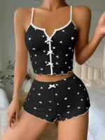 Sleepwear Women Pajamas Set Heart Print Soft Ribbed Fabric with Flirty Frill Trim Casual Cami Top and Shorts Sets Loungewear - Image 7
