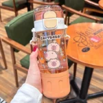 580ml Tritan Cute Capybara Space Cup with Hand-held Ring BPA-Free Portable Camper Water Bottle with Straw and Strap Juice Cup - Image 3