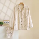 Women's Pajama Set 100% Cotton Gauze Vertical Strip Love Long Sleeve Two piece set - Image 2