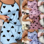 Women's Pajama Set Pajamas T-Shirts Shorts Pink Heart-Shaped Print Round Neck T-Shirt Ice Silk Top - Image 2