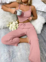 Women's two-piece pajama set with solid color lace edging  comfortable pajamas set - Image 3