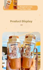 580ml Tritan Cute Capybara Space Cup with Hand-held Ring BPA-Free Portable Camper Water Bottle with Straw and Strap Juice Cup - Image 12