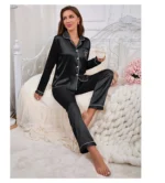 Women's Home Clothes Satin Pajama  Long Sleeve Pocket Heart-shaped Embroidery Tops & Pants Pyjama Femme Loungewear Pj Set - Image 26