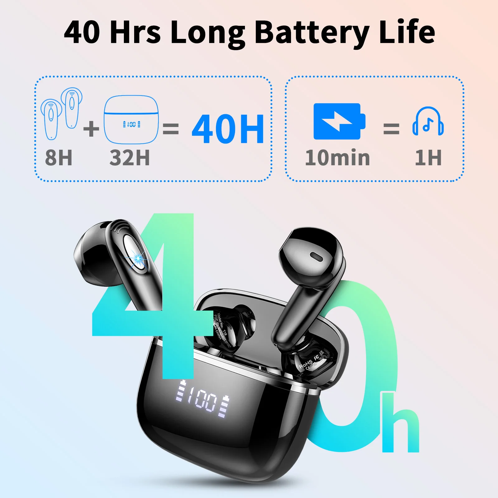 kf-S401ba11e00294332808931adcb85b58bC T19 Wireless Earbuds, Bluetooth 5.3, 4 ENC Noise Canceling Mic, 40H LED Display Charging Case, IP7 Waterproof in-Ear Earbuds. - Image 1