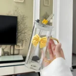 400mL Elegant Butterfly-Decorated Glass Tumbler with Straw & Handle - Reusable Freezer-Safe Water Cup for Coffee Juice Milk - Image 5