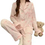 Pink Bow Dtie Design Pajamas for Women Long Sleeve Top & Elastic Waist Pants Pajamas Set Harajuku Style Casual - Image 5