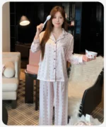 Floral Women's Ice Silk Lightweight Pajama Set Long Sleeve Top with Pants - Image 10