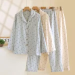 Women's Pajama Set 100% Cotton Gauze Vertical Strip Love Long Sleeve Two piece set