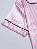 Striped Embroidered Letter Pocket Short Sleeve and Shorts Pajama Set, Casual Satin Sleepwear with Lapel Collar and Button Detail - Image 4