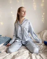 Fashionable Women's Two-Piece Pajama Set Satin-Like Long Sleeve with Bow Design Breathable & Silky Viscose - Image 10