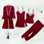 Casual Velour Home Clothing 4pcs Sleep Set Lingerie Women Pajamas Suit Long Sleeve Lace Velvet Homewear Pyjamas set - Image 15