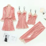 Casual Velour Home Clothing 4pcs Sleep Set Lingerie Women Pajamas Suit Long Sleeve Lace Velvet Homewear Pyjamas set - Image 12