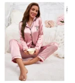 Women's Home Clothes Satin Pajama  Long Sleeve Pocket Heart-shaped Embroidery Tops & Pants Pyjama Femme Loungewear Pj Set - Image 12