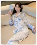 Floral Women's Ice Silk Lightweight Pajama Set Long Sleeve Top with Pants - Image 12