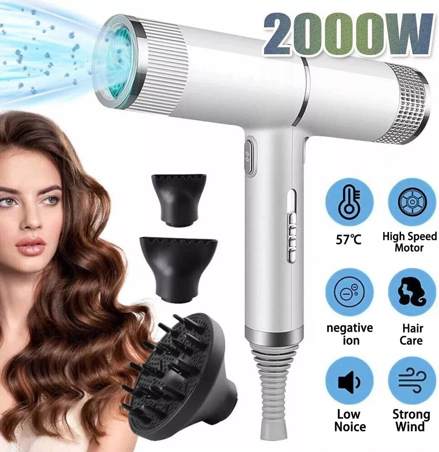 kf-S6031acc76d7d4012b8746bdbfbde8a12V 2000W Professional Hot Air Negative Ionic Hair Dryer, 10000 RPM, T Hammer Shape with 3 Nozzle Fast Drying for Home Salon Travel - Image 1