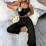 Women's two-piece pajama set with solid color lace edging  comfortable pajamas set - Image 5