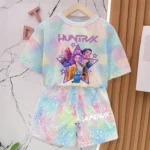 KPop Demon Hunters New T-shirt Pants Set Girls Summer Clothing Kawaii Smile Face Short Sleeve Outfits Kids Tee Top Pajamas Gift - Image 4