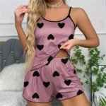 Women's Pajama Set Pajamas T-Shirts Shorts Pink Heart-Shaped Print Round Neck T-Shirt Ice Silk Top - Image 9