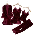 Casual Velour Home Clothing 4pcs Sleep Set Lingerie Women Pajamas Suit Long Sleeve Lace Velvet Homewear Pyjamas set - Image 5