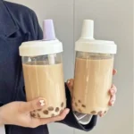500/850ml Cute Pearl Milk Tea Straw Plastic Water Bottle With Cup Cover Bubble Coffee Cups Drop-proof Large Capacity Drinkware - Image 2