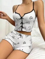 Sleepwear Women Pajamas Set Heart Print Soft Ribbed Fabric with Flirty Frill Trim Casual Cami Top and Shorts Sets Loungewear - Image 10