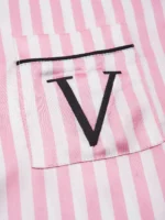 Classic Striped Print And Pocket Letter Short-Sleeve Long Pants Pajama Set, Satin Sleepwear with Lapel Collar and Button Detail - Image 8