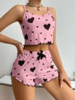 Women’s 2PCS Heart Print Pajama Set, Sleeveless Crop Top and Shorts, Soft Comfy Sleepwear Loungewear - Image 7