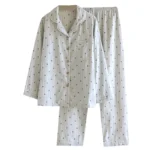 Women's Pajama Set 100% Cotton Gauze Vertical Strip Love Long Sleeve Two piece set - Image 5