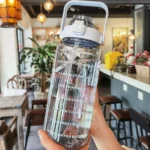 2L Sport Water Bottle With Straw Portable Leak-Large Capacity Water Cup With Motivational Quote Time Marker