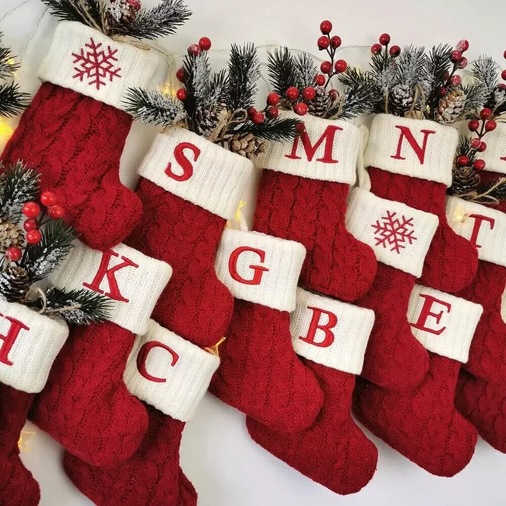 kf-S7bd815858dc14978be236c0526a56218w Christmas Socks Knitting Snowflake Letter Stocking Christmas Decoration - Image 1