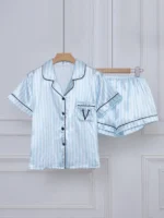 Striped Embroidered Letter Pocket Short Sleeve and Shorts Pajama Set, Casual Satin Sleepwear with Lapel Collar and Button Detail - Image 8