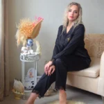 Silky Satin Pajamas for Women 2 Piece Set, Elegant Lace Trim Long Sleeve Nightwear Solid Color Lightweight Loungewear