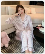 Floral Women's Ice Silk Lightweight Pajama Set Long Sleeve Top with Pants - Image 9